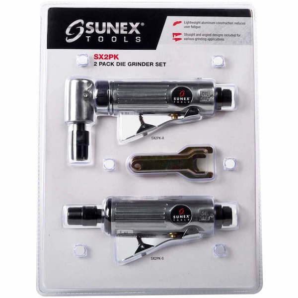 Sunex Air Die Grinder Set, 1/4in Straight & Right Angle, 20000 RPM, 4 CFM, 1/4in NPT Inlet, 2PK SX2PK - main